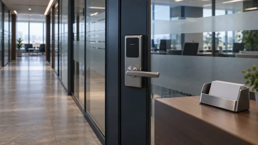 Boş ofis koridorunda kapalı cam kapı ve kilit