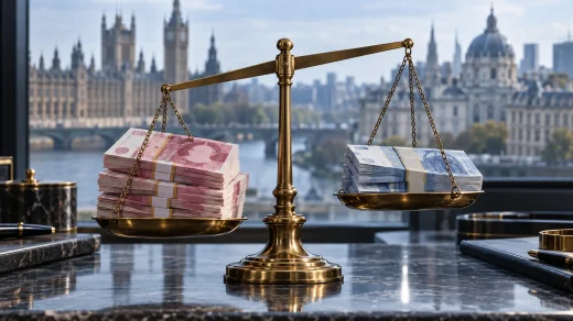 Londra silueti önünde iki farklı para destesini karşılaştıran pirinç terazi.
