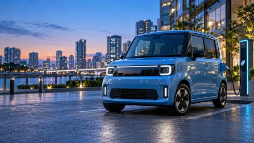 Japonya'da şarj istasyonu yanında kompakt mavi elektrikli otomobil