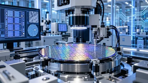 Yarı iletken laboratuvarında incelenen büyük silikon wafer ve çip üretim ekipmanları