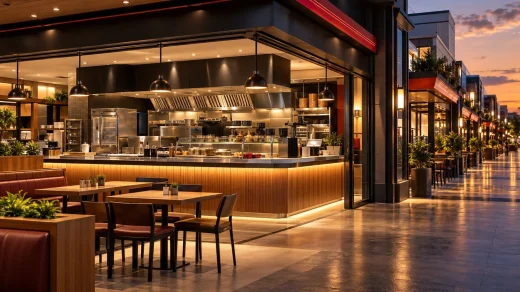 Yeni açılmış modern restoran ve arka planda uzanan restoran ağı