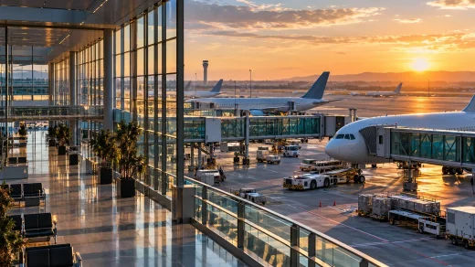 Gün batımında modern havalimanı terminali, uçaklar ve yer hizmet araçları