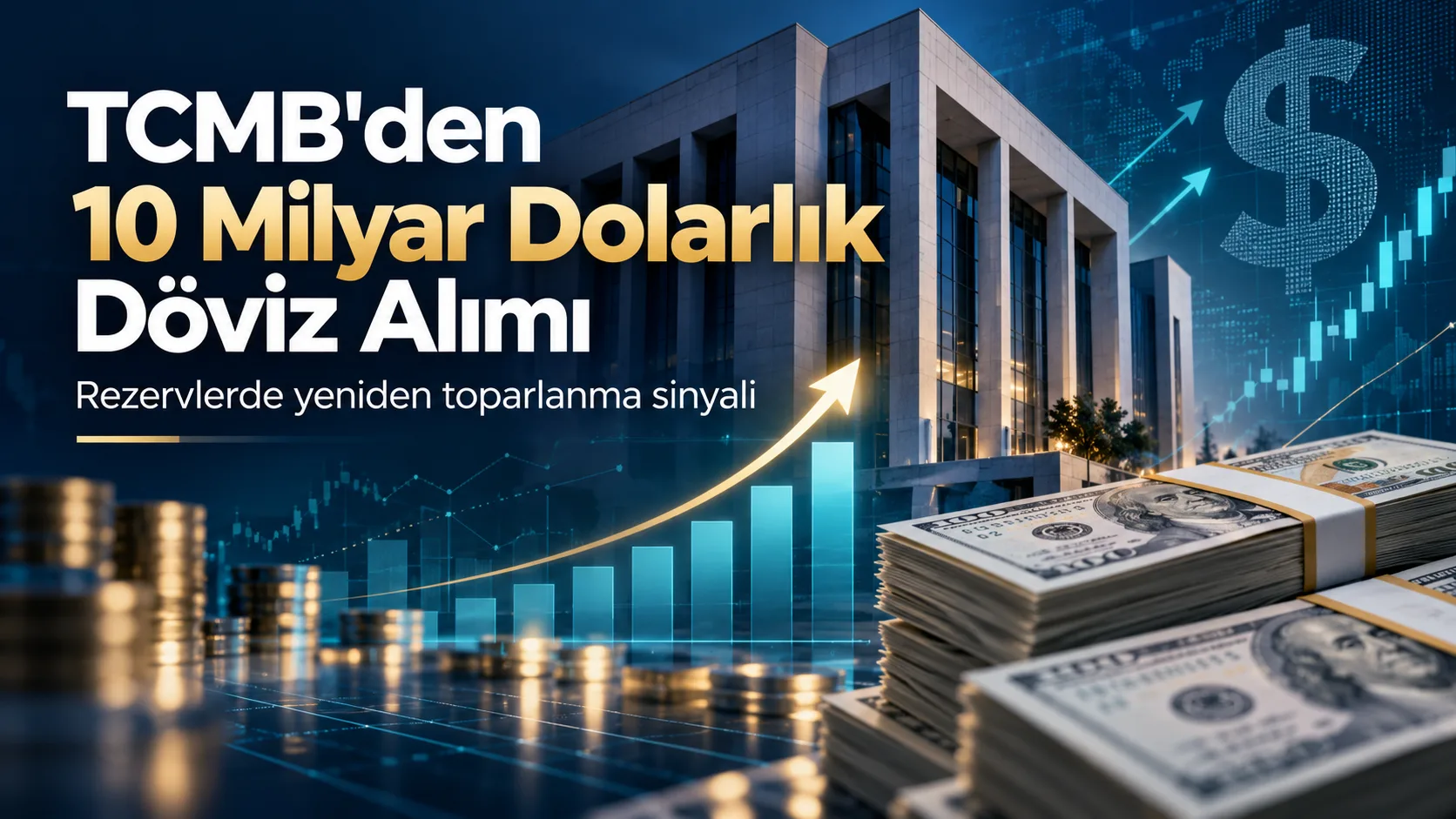 TCMB'nin 10 milyar dolarlık döviz alımı tahminini anlatan dolar banknotları ve yükselen rezerv grafiği