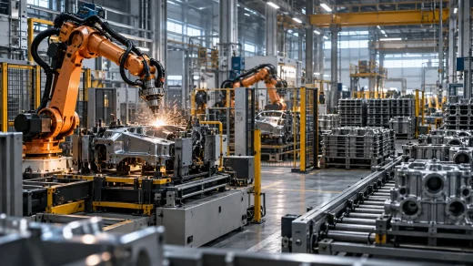 Robotik kolların metal parçaları işlediği modern üretim tesisi