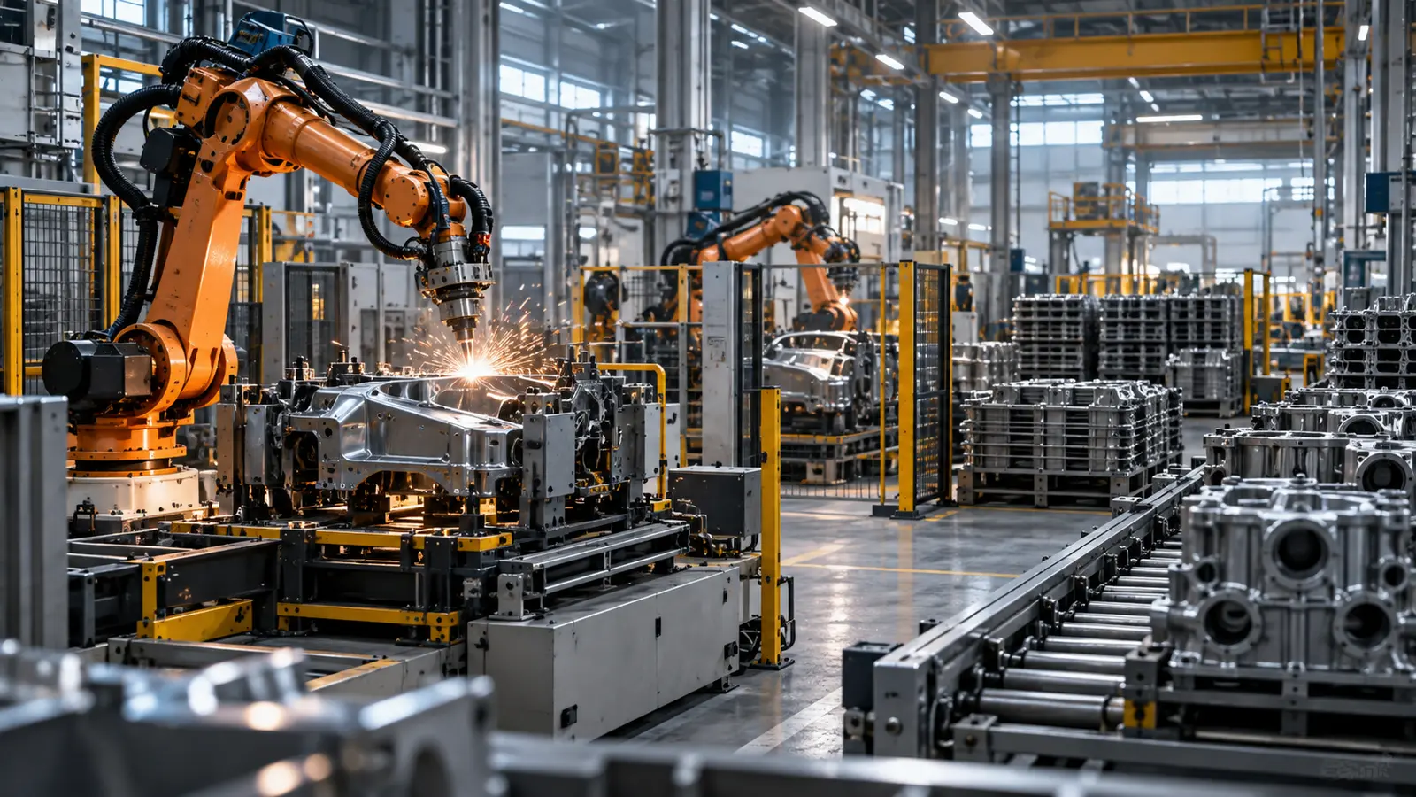Robotik kolların metal parçaları işlediği modern üretim tesisi