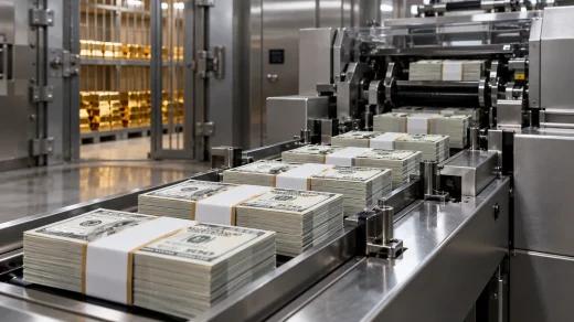 Banknot işleme makinesi, dolar desteleri ve kasada altın külçeleri
