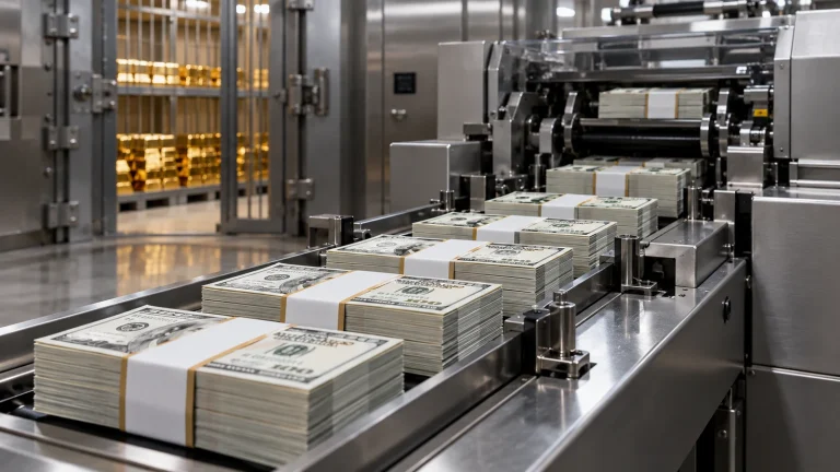 Banknot işleme makinesi, dolar desteleri ve kasada altın külçeleri