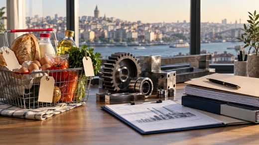 Market ürünleri, sanayi parçaları ve rapor dosyalarının bulunduğu masa