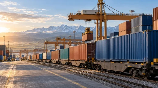 Dağlık bir bölgede konteyner taşıyan yük treni ve intermodal ticaret terminali.