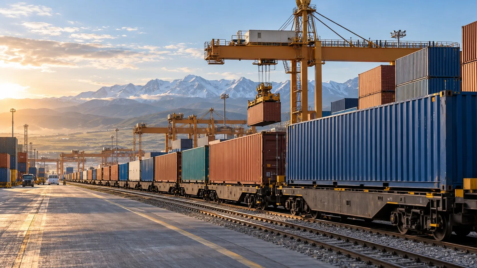 Dağlık bir bölgede konteyner taşıyan yük treni ve intermodal ticaret terminali.