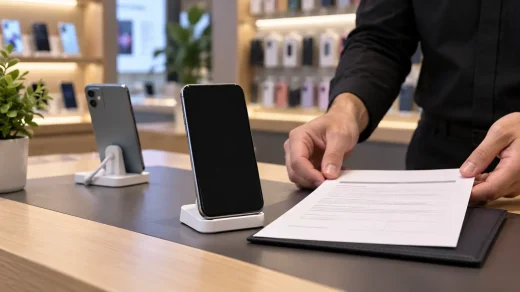 Mağaza tezgâhında telefonlar ve taksit sözleşmesi