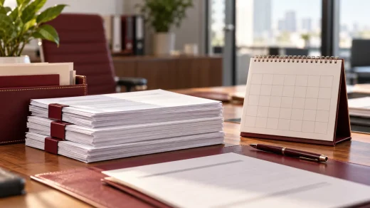 Ofis masasında dosyalar, boş takvim ve kalem
