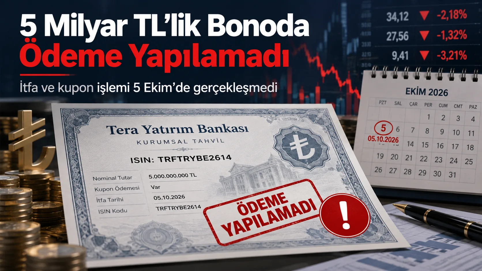 Tera Yatırım Bankası’nın 5 milyar TL’lik bonosunda itfa ve kupon ödemesinin yapılamaması.