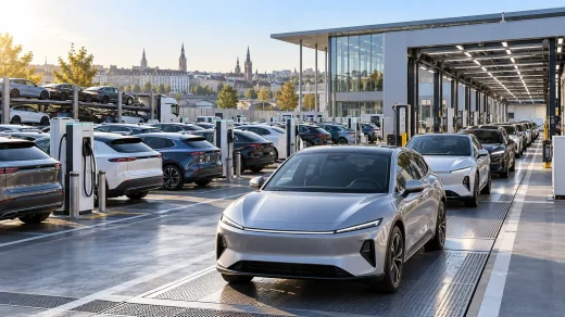 Avrupa'daki teslimat merkezinde sıralanan elektrikli otomobiller