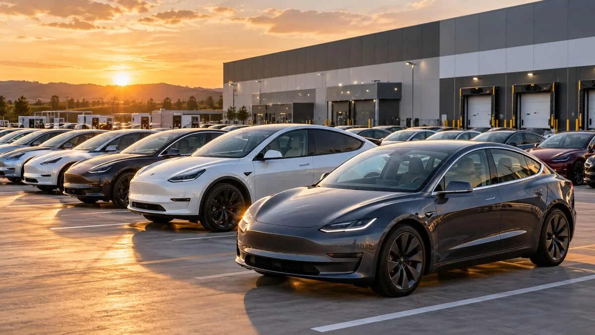 Teslimat merkezinde sıralanmış elektrikli otomobiller