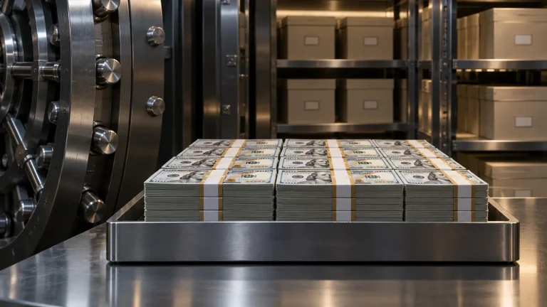 Çelik kasada dolar banknotları ve arşiv kutuları