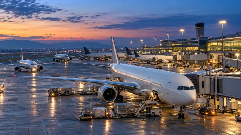 Gün doğumunda terminal önünde park etmiş markasız yolcu uçakları ve yer hizmeti araçları