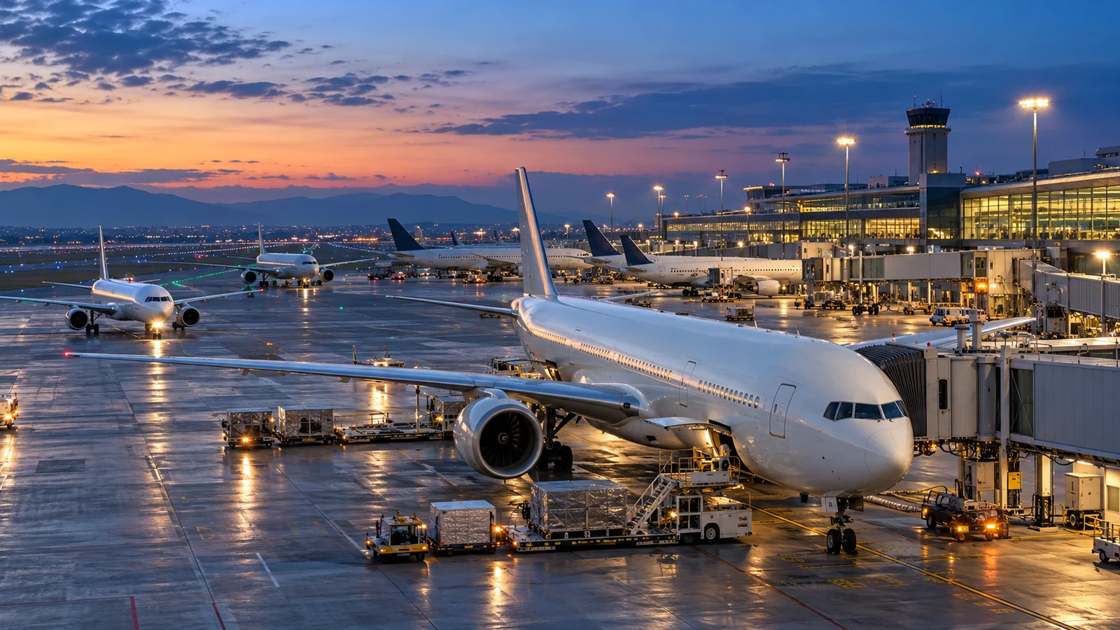 Gün doğumunda terminal önünde park etmiş markasız yolcu uçakları ve yer hizmeti araçları