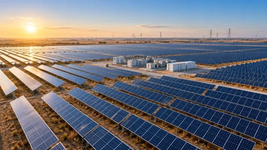 Güneş panelleri ve elektrik iletim hatları