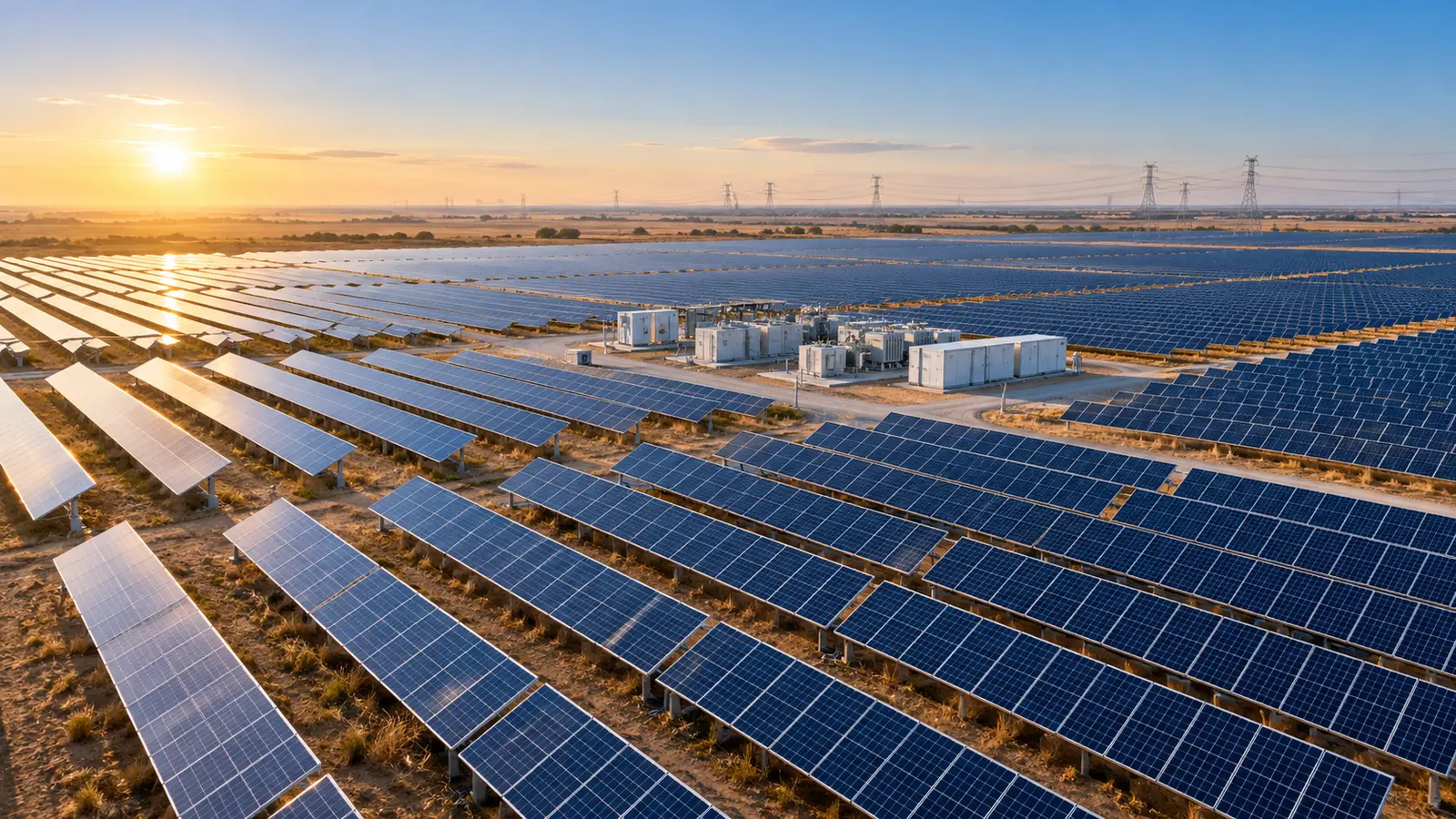 Güneş panelleri ve elektrik iletim hatları