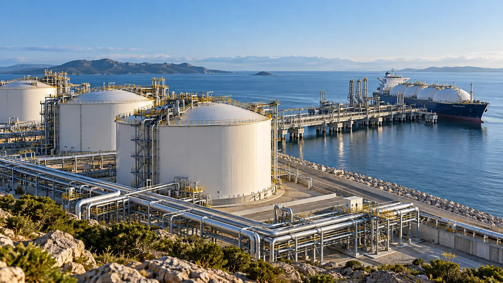 Beyaz depolama tankları, metal boru hatları ve uzakta LNG gemisi bulunan kıyı terminali.