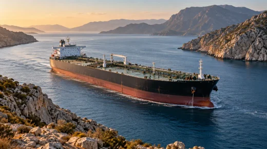 Kayalık kıyıların arasındaki deniz yolundan geçen büyük petrol tankeri