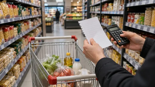 Market arabasındaki sınırlı ürünlerin yanında alışveriş listesini ve hesap makinesini tutan eller