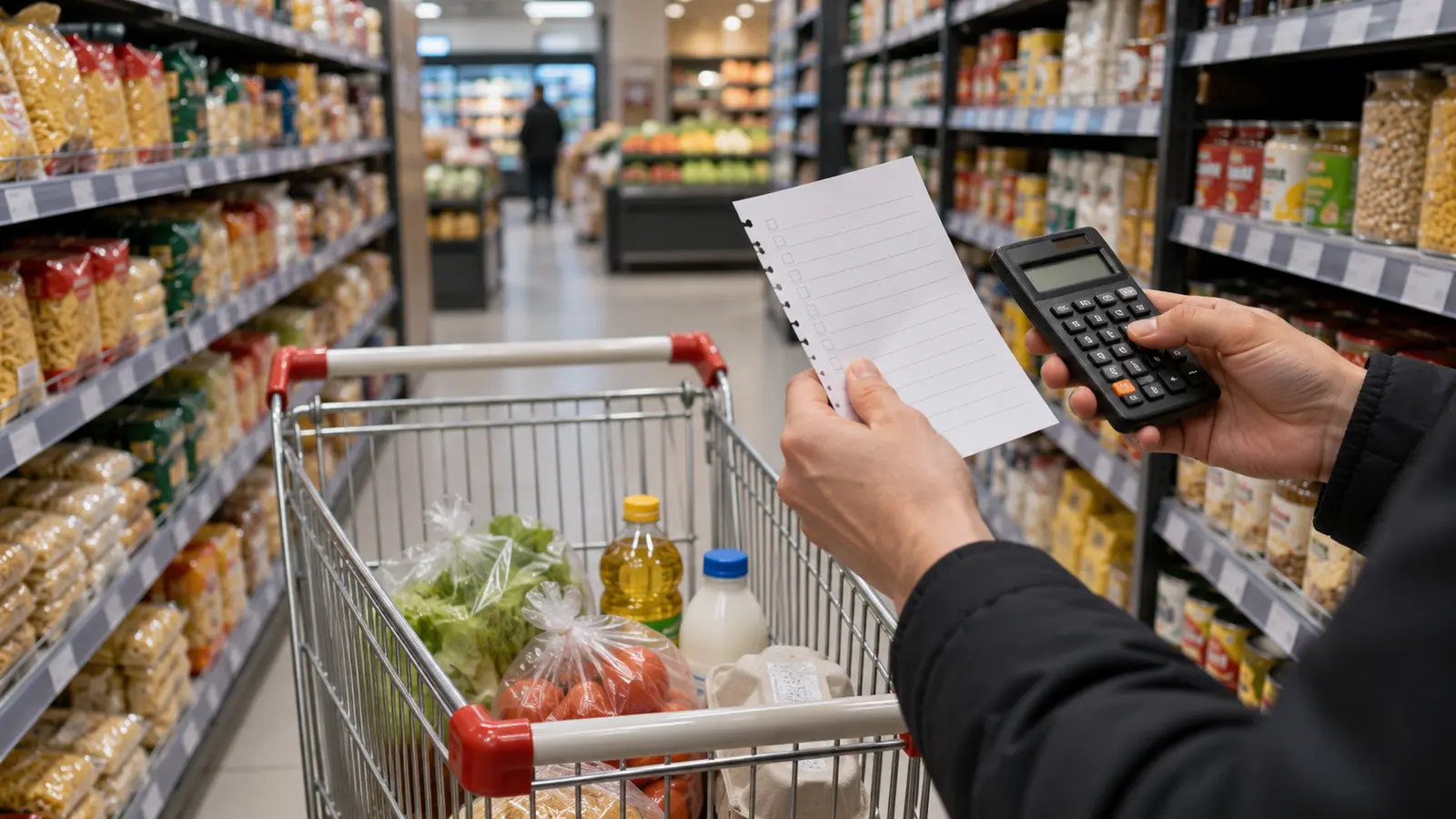 Market arabasındaki sınırlı ürünlerin yanında alışveriş listesini ve hesap makinesini tutan eller