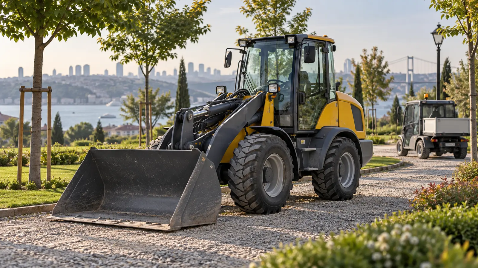 Park bakım alanında lastik tekerlekli iş makineleri