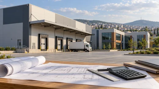 Endüstriyel depo ve ticari binaların önünde yapı planları ile hesap makinesi