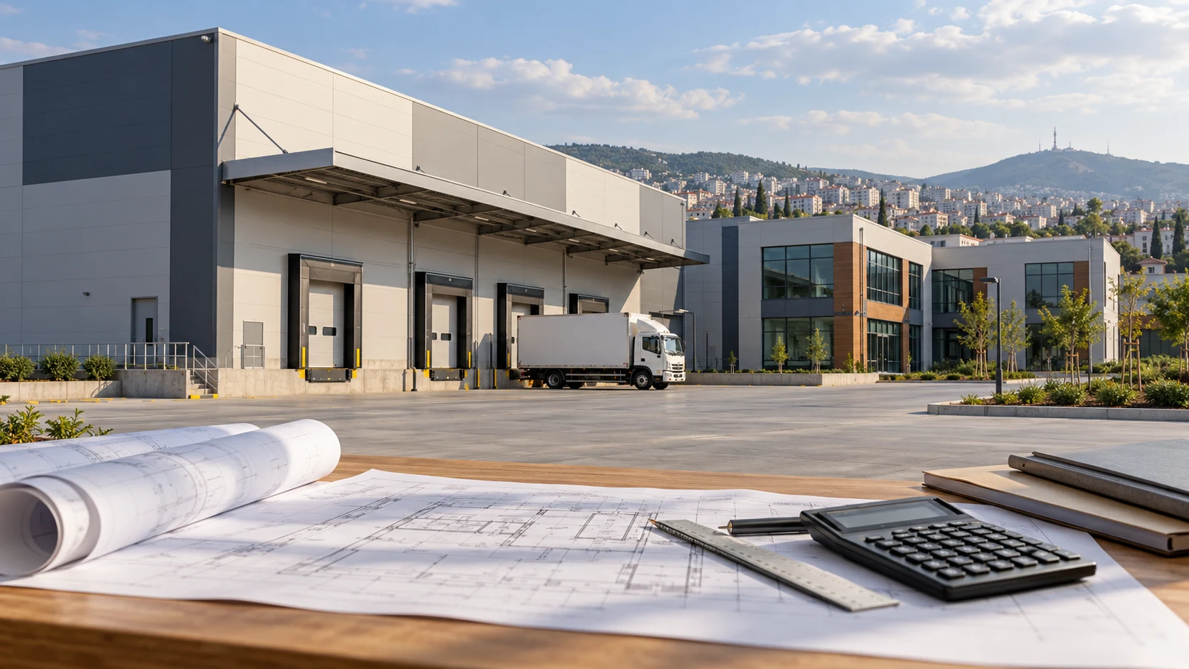 Endüstriyel depo ve ticari binaların önünde yapı planları ile hesap makinesi