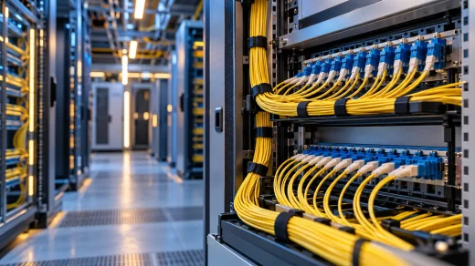 Telekomünikasyon kabinindeki panellere bağlanan sarı fiber optik kablolar