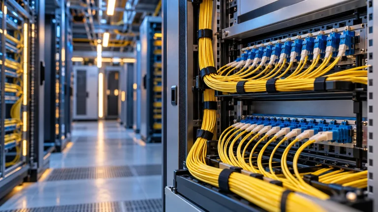 Telekomünikasyon kabinindeki panellere bağlanan sarı fiber optik kablolar