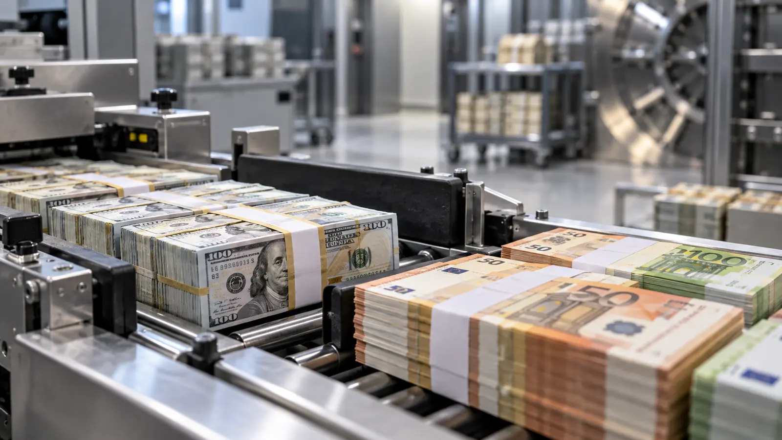 Banka nakit işleme alanında dolar ve euro banknot demetleri