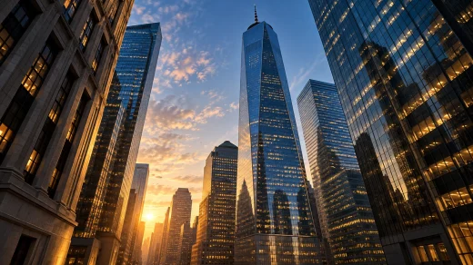 Gün doğumunda New York finans merkezindeki gökdelenler