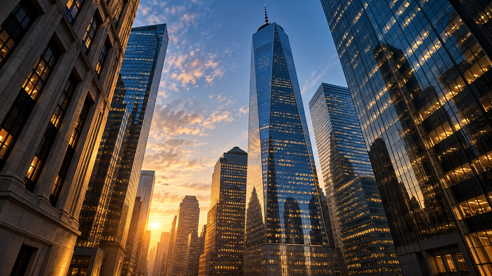 Gün doğumunda New York finans merkezindeki gökdelenler