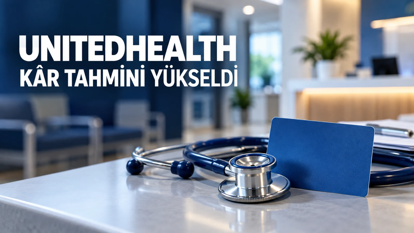 Klinik masasında stetoskop ve mavi kart
