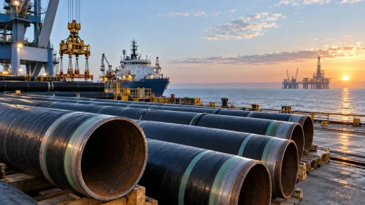 Limanda istiflenmiş çelik borular ve açık deniz platformu