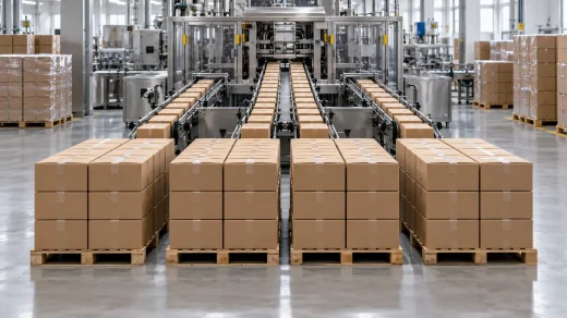 Gıda üretim tesisinde dört gruba ayrılmış paketlenmiş ürün kutuları