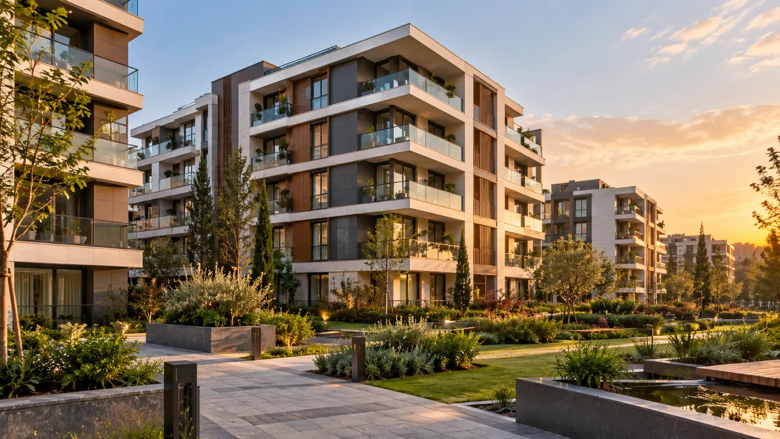 Peyzajlı avlu çevresinde balkonlu modern konut binaları