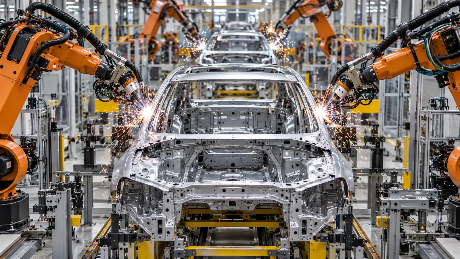Otomobil gövdelerini kaynaklayan endüstriyel robot kolları.