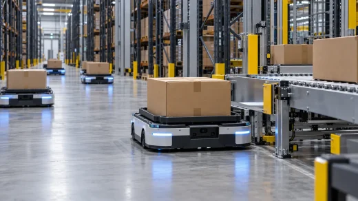 Yüksek depo rafları arasında koli taşıyan mobil robotlar ve konveyör