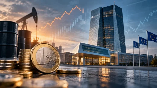 Euro madeni parası, petrol kuyusu ve Avrupa Merkez Bankası binasını temsil eden görsel