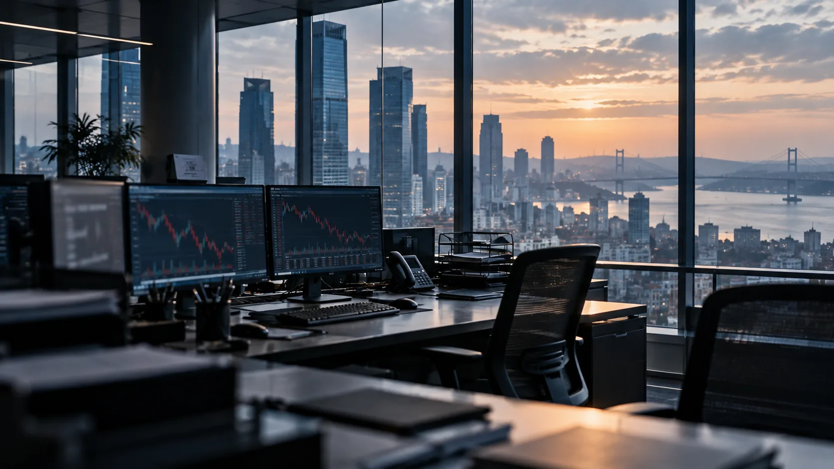Boş aracı kurum işlem salonunda finansal ekranlar