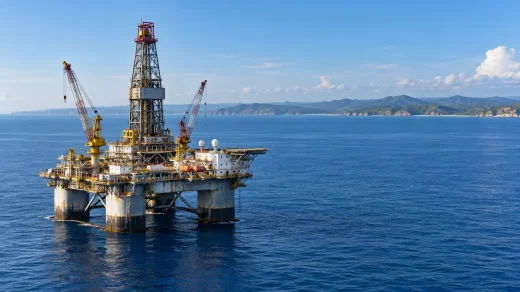 Açık denizde platform ve uzaktaki kıyı