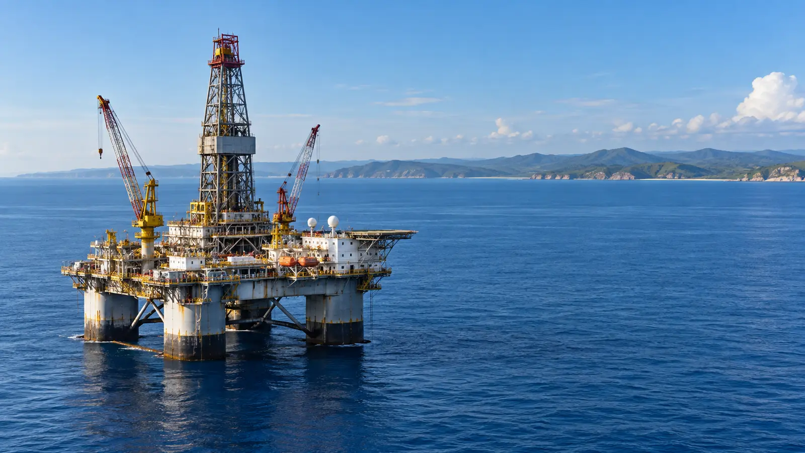 Açık denizde platform ve uzaktaki kıyı