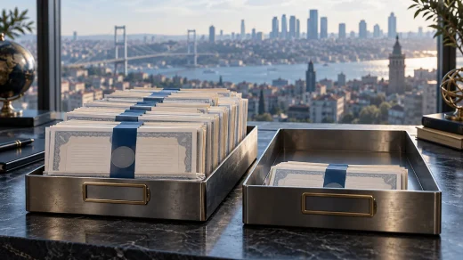 İstanbul manzarası önünde biri dolu diğeri büyük ölçüde boş iki yatırım belgesi tepsisi