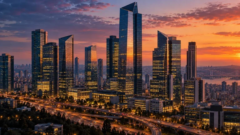 İstanbul’da akşam ışığında görülen modern finans merkezi binaları